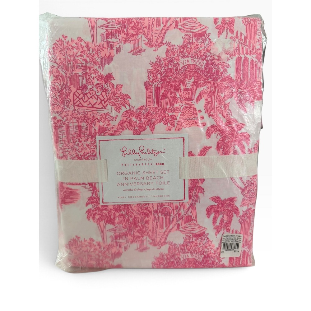 Lilly Pulitzer Pottery Barn Sheet Set King Pink Palm Beach Toile Organic NWT
